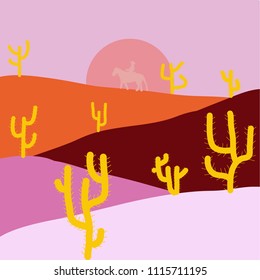 Desert Landscape with Cactus and Mountains in the Background. Vector illustration. Flat Design Style.