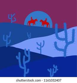 Desert Landscape with Cactus and Mountains in the Background. Flat Design Style. Vector illustration. Illustration on blue, purple and red colors.