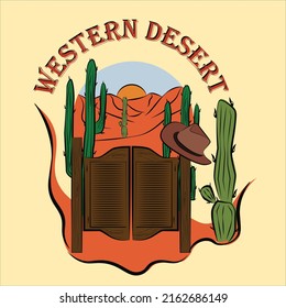 Desert landscape with cactus and mountains in the background. Desert of Arizona or Mexico, western American landscape. The door of the cowboy salon. Vector illustration, print design.