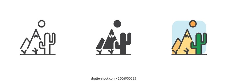 Desert landscape with a cactus and mountains different style icon set. Line, glyph and filled outline colorful version, outline and filled vector sign. Symbol, logo illustration. Vector graphics
