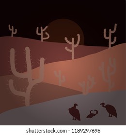 Desert Landscape with Cactus and Mountains. Vector illustration. Background on brown, beige and black colors. Scenic sandstones. Flat Design Style.