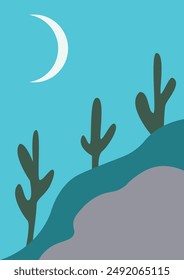 Desert landscape with cactus at night in boho style