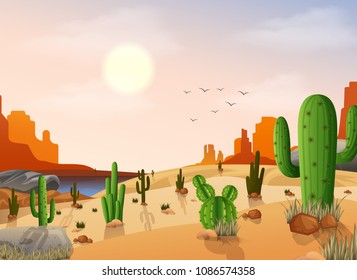 Desert landscape with cactus on the sunset background