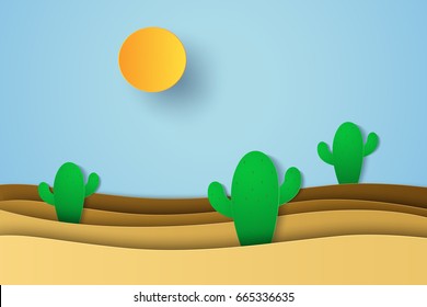 Desert landscape with cactus , paper art style