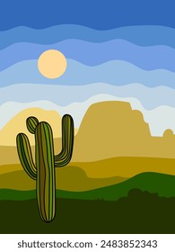 Desert landscape, cactus plant, western mountain silhouettes vector illustration background. Nature design for web, cards, poster cover, art print and background.