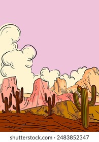 Desert landscape, cactus plant, western mountain silhouettes vector illustration background. Nature design for web, cards, poster cover, art print and background.