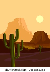 Desert landscape, cactus plant, western mountain silhouettes vector illustration background. Nature design for web, cards, poster cover, art print and background.