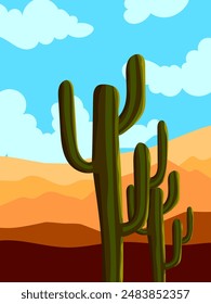 Desert landscape, cactus plant, western mountain silhouettes vector illustration background. Nature design for web, cards, poster cover, art print and background.