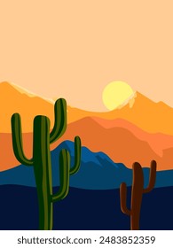 Desert landscape, cactus plant, western mountain silhouettes vector illustration background. Nature design for web, cards, poster cover, art print and background.