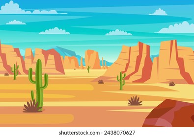 desert landscape. Cactus plants and rocks on the sands. natural background. landscape Arizona or Mexico hot sand. Vector illustration in flat style