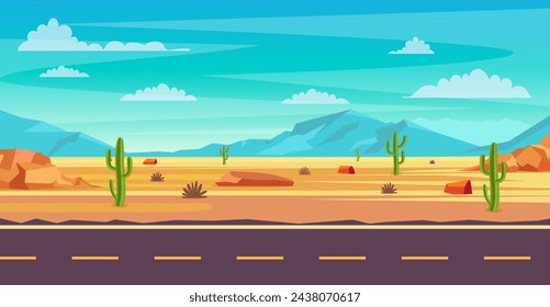 desert landscape. Cactus plants,road and rocks on the sands. natural background. landscape Arizona or Mexico hot sand. Cartoon Wild West Texas. Vector illustration in flat style