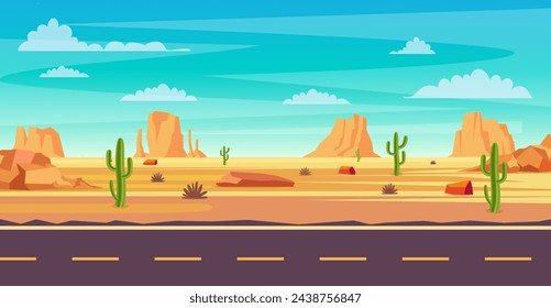 desert landscape. Cactus plants,road and rocks on the sands. natural background. landscape Arizona or Mexico hot sand. Cartoon Wild West Texas. Vector illustration in flat style