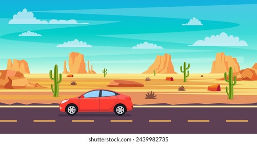 desert landscape. Cactus plants,road and rocks on the sands. natural background. Red Car Driving on a Road in the desert Cartoon Wild West Texas. Vector illustration in flat style