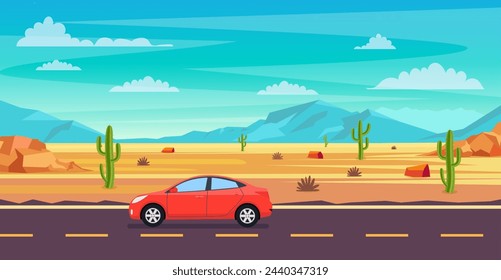 desert landscape. Cactus plants,road and rocks on the sands. natural background. Red Car Driving on a Road in the desert Cartoon Wild West Texas. Vector illustration in flat style