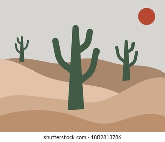 Paisaje del desierto con cactus y sol caliente rojo.