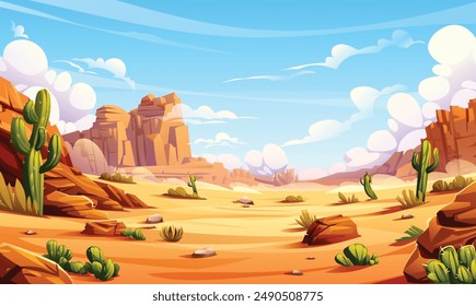 Desert landscape with cactus, rocky cliffs, and bright blue sky. Vector cartoon illustration