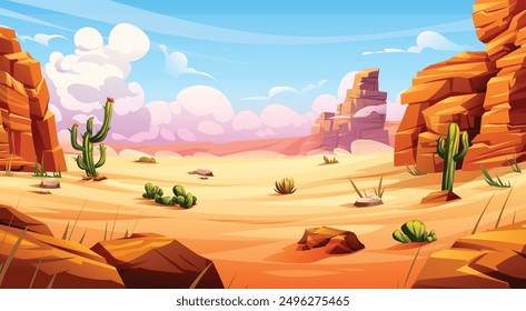 Desert landscape with cactus and rocky cliffs background vector cartoon illustration