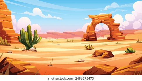 Desert landscape with cactus, rocky cliffs, and bright blue sky. Vector cartoon background nature illustration