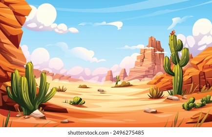 Desert landscape with cactus, rocky cliffs, and blue sky. Vector cartoon background illustration