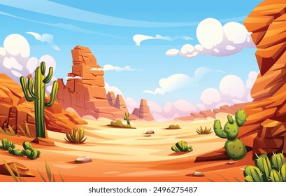 Paisaje del desierto con cactus y acantilados rocosos ilustración de dibujos animados de fondo