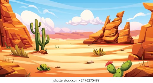 Desert landscape with cactus, rocky cliffs, and blue sky. Vector cartoon illustration