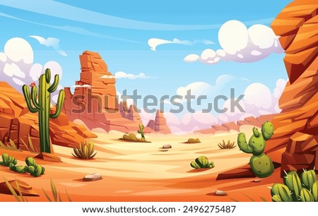 Desert landscape with cactus and rocky cliffs background cartoon illustration