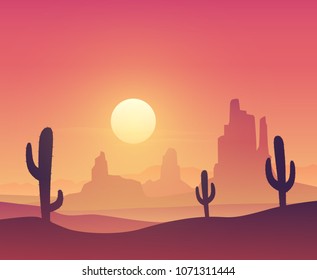 Desert landscape with cactus silhouette on the sunset. Vector illustration