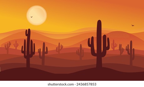 Desert landscape with cactus silhouettes and sunset. Scene of Serenity and Natural Beauty with warm hues of dusk. Vector illustration.