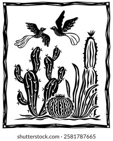 Desert landscape with cactus, succulents and a couple of birds flying in the background. Illustration of a typical western desert scene.