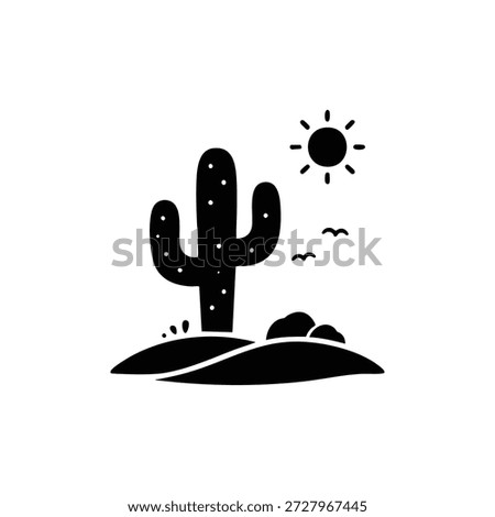 Desert landscape with cactus sun and birds black and white vector illustration