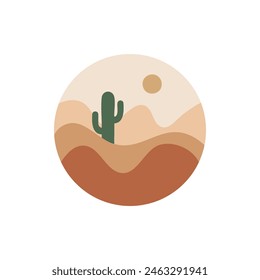 Desert landscape with cactus and sun in the shape of a circle