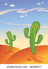 desert landscape with cactus, sunset and clouds