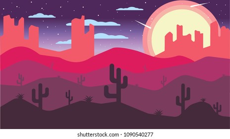 Desert Landscape With Cactus Vector.