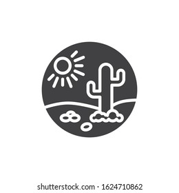 Desert landscape with cactus vector icon. filled flat sign for mobile concept and web design. Desert Cactus and sun glyph icon. Symbol, logo illustration. Vector graphics