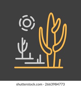 Desert landscape with a cactus vector icon on dark background. Nature sign. Graph symbol for travel and tourism web site and apps design, logo, app, UI