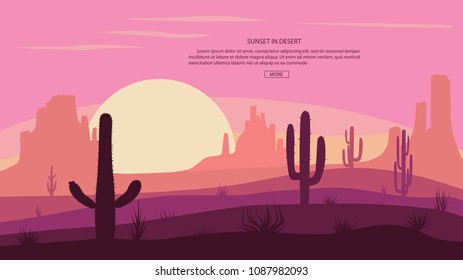 Desert landscape Cactuse and mountains , sunset in cannon, Background scene with stones and sand. Flat cartoon vector