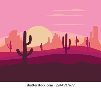 Desert landscape. Cactuse and mountains. Sunset in the desert. Background scene with stones and sand.