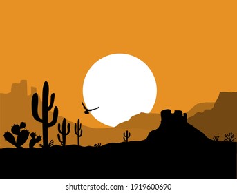 Desert Landscape With Cactuses. Arizona Desert Mountains Silhouette Vector Nature Horizontal Background