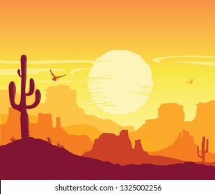 Desert landscape with Cactuses. Arizona desert sunset mountains. Vector nature horizontal background