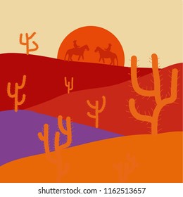 Desert landscape with cactuses. Cartoon on orange, red and beige colors. Vector illustration.