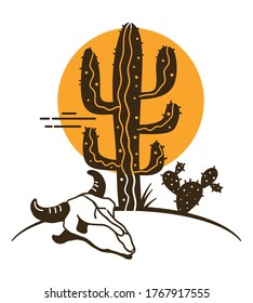 Desert Landscape With Cactuses And Cow Skull. Arizona Desert With Yellow Sun And Black Cactuses Silhouette And Cow Skull Isolated On White. 