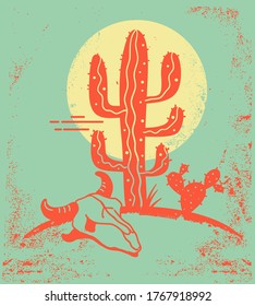 Desert landscape with Cactuses and cow skull. Vintage poster of Arizona desert with yellow sun and cactuses silhouette and cow skull on old paper texture. 