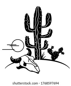 Desert landscape with Cactuses and cow skull. Arizona desert cactuses black silhouette and cow skull isolated on white. 