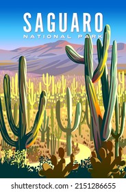 Desert landscape with cactuses in the first plan and the mountains in the background. Saguaro National Park travel poster. Handmade drawing vector illustration.