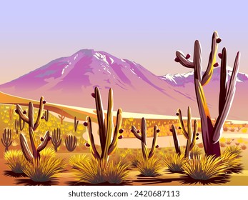 Desert landscape with cactuses in the first plan and the mountains in the background. Handmade drawing vector illustration.