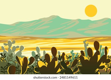 Desert landscape with cactuses in the first plan and the mountains in the background. Handmade drawing vector illustration.