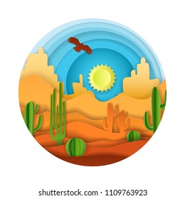 Desert landscape with cactuses, flying eagle and sun shining in sky. Vector illustration in paper art style.