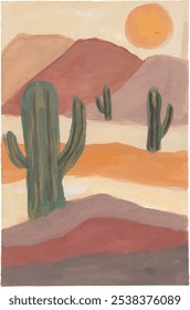 Desert landscape with cactuses. Hand-drawn illustration.