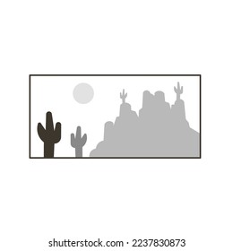 Desert landscape with Cactuses. desert mountains black silhouette isolated on white. Vector nature horizontal design