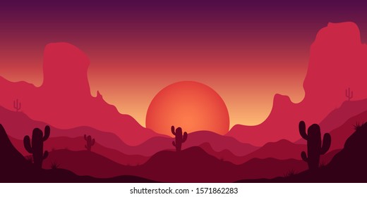 Desert landscape with cactuses and mountains in cartoon style. Design element for poster, card, banner, flyer. Vector illustration